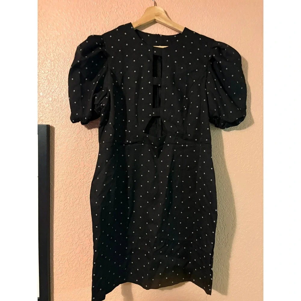 Black‎ Polka Dot Puff Sleeve Keyhole Cutout Mini Dress Women's XL